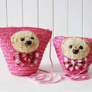 Cute Kids Straw Woven Crossbody Bag Plush Bear Plaid Bow Zipper Summer Beach Shoulder Pouch Accessories For Girls