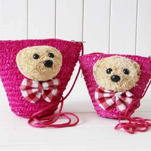 Straw woven shoulder bag set with cute plush bear and bow in bright rose pink color