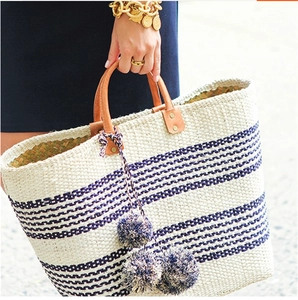 Handmade Striped Straw Tote Bag Woven Beach Handbag With Leather Handles And Pom Poms For Women Summer Vacation