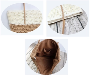 Detail view of woven straw tote bag with zipper closure, inner lining, and leather straps