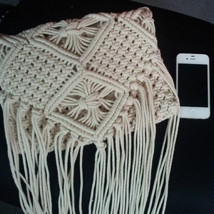 Bohemian off-white hand-woven cotton beach bag with geometric patterns and long tassels