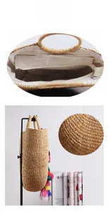 Close-up of woven straw beach bag featuring internal zipper pocket and colorful tassel