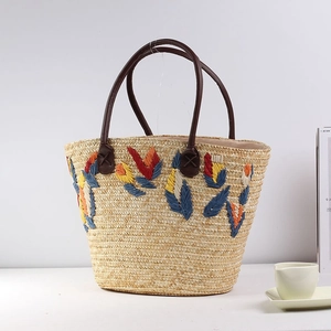 Women Straw Woven Handbag With Colorful Leaf Embroidery Large Capacity Shoulder Bag For Beach Vacation Travel