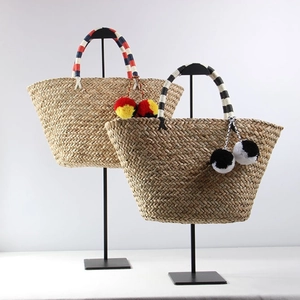 Straw Tote Bag Woven Bohemian Summer Beach Large Capacity With Pompoms And Striped Handles For Women Vacation