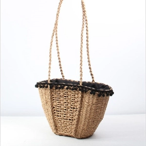 Women Woven Straw Shoulder Bag With Black Pom-pom Trim Summer Beach Vacation Tote Handbag Drawstring Closure