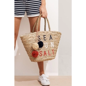 Large Straw Tote Bag Woven Beach Handbag With Pom-Poms And Letter Embroidery Summer Vacation Shoulder Bag For Women