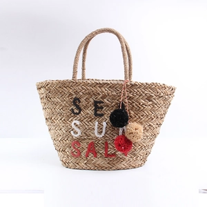 Summer straw tote bag with SEA SUN SALT embroidery and colorful pompom charms