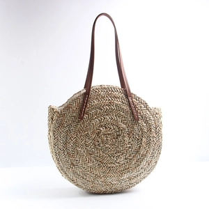 Women Round Straw Woven Shoulder Bag Large Capacity Summer Beach Handbag Bohemian Handmade Travel Tote Leather Handles