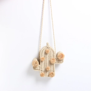 Kaktusform Stroh Webart Umhängetasche Bommel Dekor Süße Sommer Strand Schultertasche Für Frauen Mädchen Boho Stil