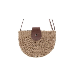 Detail of semi-circular straw crossbody bag with brown leather flap and hollow weave
