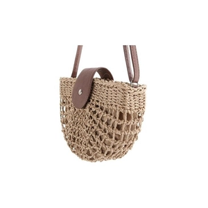 Handmade hollow woven straw beach bucket bag with brown leather strap and cotton lining