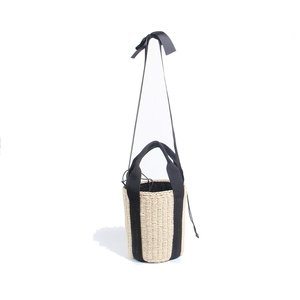 Woven Straw Bucket Bag For Women Summer Beach Vacation Handbag With Shoulder Strap And Black Ribbon Bow Detail