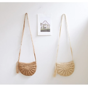 Women Straw Crossbody Bag Handmade Crochet Half Moon Tassel Beach Vacation Bohemian Style Zipper Shoulder Purse