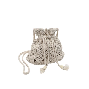 Handmade cream cotton woven crossbody bag with drawstring closure and wood bead tassels