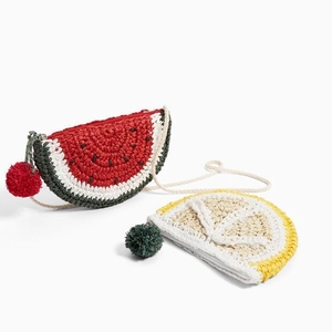 Fruit Slice Crossbody Bag Straw Woven Watermelon Lemon Shape Crochet Shoulder Purse With Pompoms For Kids Girls Summer