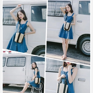 Straw bucket bag with black canvas trim for women, summer beach shoulder and handbag
