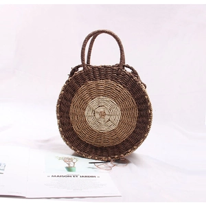 Handmade circular straw bag with tri-color striped design and sturdy top handles