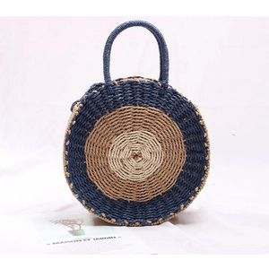 Round woven straw handbag with three-color tiered design for beach vacation and summer