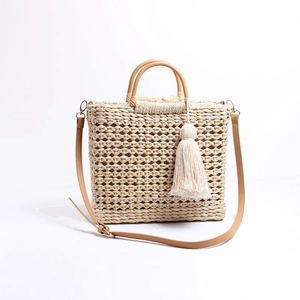 Sac À Main En Paille Pour Femme Avec Poignée En Bois Bandoulière En Cuir Pompon Style Bohème Plage