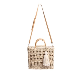 Sac fourre-tout en paille fait main avec poignées en bois et bandoulière pour la plage