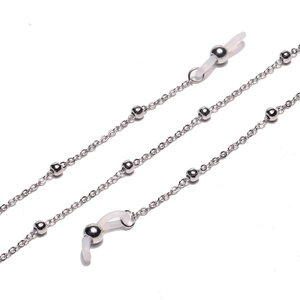 Detail of silver beaded metal chain with rubber loops for sunglasses and earphone