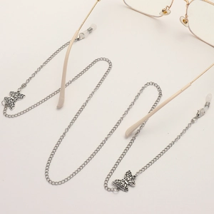Punk silver butterfly eyeglass chain with hollow pendants and non-slip silicone loops