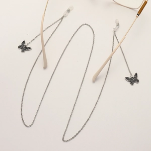 Punk silver butterfly glasses chain with metal pendants and non-slip silicone loops