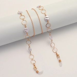 Fashion Golden Alloy Glasses Chain With White Imitation Artificial Pearls Hollow Round Rings Anti-Slip Eyewear Strap For Women
