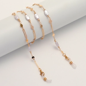 Geometric Gold Metal Glasses Chain Lanyard With Imitation Artificial Pearls And Anti Slip Silicone Loops Fashion Neck Strap Accessory