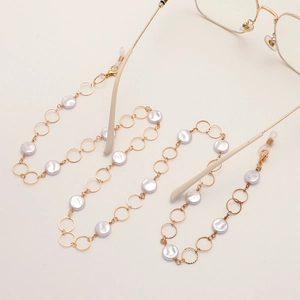 Elegant gold metal glasses chain with white pearls and anti-slip silicone loops