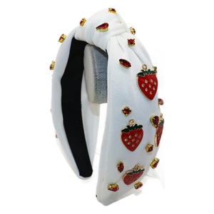 White knotted wide headband with strawberry charms and red sparkling rhinestones