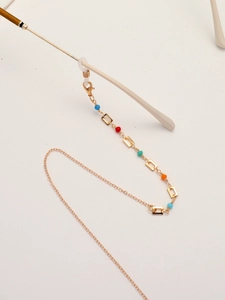 Golden eyewear chain with rectangular charms and multi-colored beads for sunglasses