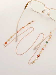 Goldene Brillenkette mit bunten Gänseblümchen und hohlen Herzanhängern für Damen