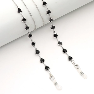 Silver chain glasses strap with black heart accents and silicone anti-slip ends