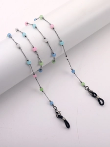 Fashionable gold chain eyewear strap with colorful cat eye beads and adjustable rubber loops