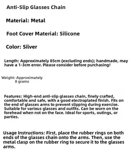 Technical specifications for 85cm silver metal eyewear chain with silicone ends