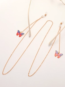 Golden chain for glasses with red and blue gradient butterfly pendants and silicone loops