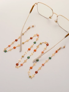 Golden eyewear chain with colorful enamel daisies and hollow heart charms for women