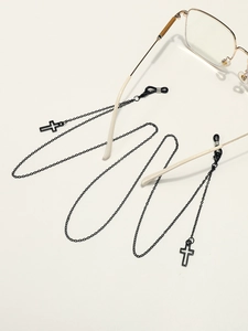 Chaîne à lunettes noire minimaliste avec pendentifs croix et boucles silicone antidérapantes