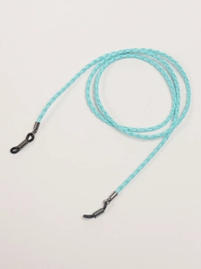 Sky blue braided eyewear chain with silver adjustable metal grips and black rubber loops