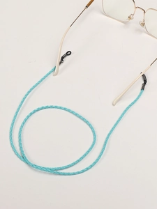 Detail of sky blue braided eyewear retainer with anti-slip rubber loops and metal clasps