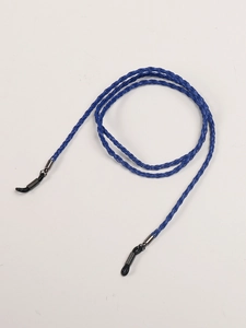 Detail of dark blue braided glasses strap with black rubber loops and metal fasteners