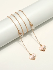 Gold Metal Glasses Chain Heart Artificial Pearl Pink Enamel Anti Slip Eyewear Strap Fashion Decorative Holder For Women Girls