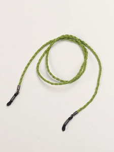Detail of green braided eyewear chain featuring silver connectors and rubber anti-slip loops