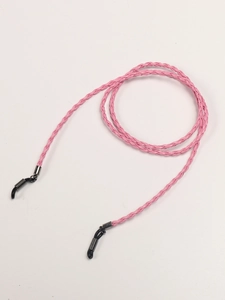 Detailed view of pink braided eyewear chain with silver metal ends and black rubber loops