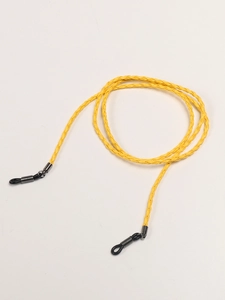Braided bright yellow eyeglass chain with metallic adjusters on white background