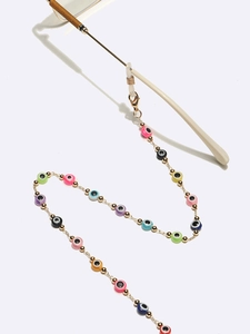 Colorful evil eye eyeglass chain with gold metal links and vibrant glass beads