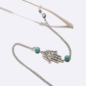 Silver Hamsa Hand glasses chain with blue turquoise beads and fine metal links