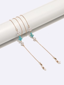 Glasses Chain Lanyard Copper Metal With Faux Artificial Pearl Turquoise Cross Charms Elegant Non-Slip Eyewear Strap For Women