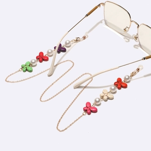 Gold chain glasses strap with colorful butterfly beads, faux pearls and non-slip loops